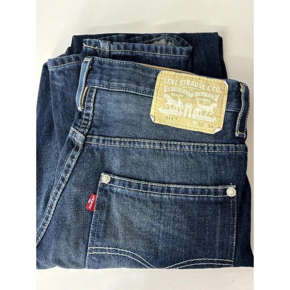 Levi's 511 Straight Leg Jeans Mens Blue Denim Dark‎ Wash 5-Pocket Whisker 32x34